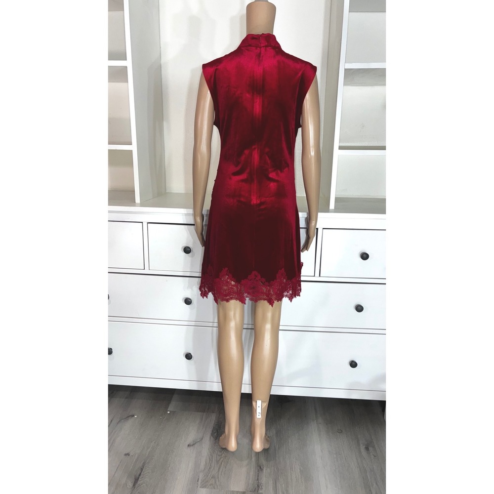 Red Velvet Mock Neck Lace Trim Mini Dress Womens Large NWT holiday‎ Party - Picture 3 of 6
